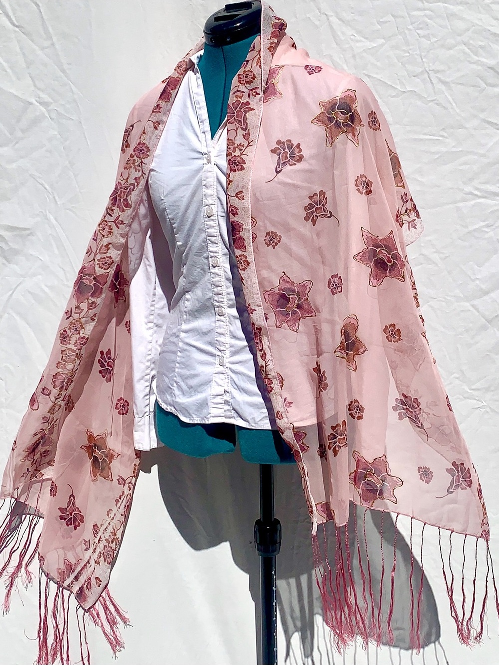 Pink Floral Scarf Sheer Wrap Boho Gypsy Fringe Gold Accents Elegant Romance